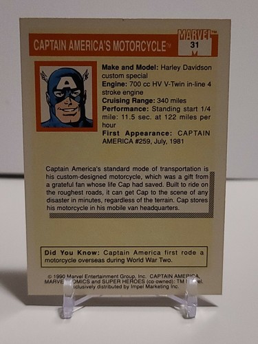 1990 Marvel Universe SERIES 1 Captain America Motorcycle #31 ROOKIE rc impel - Picture 2 of 2