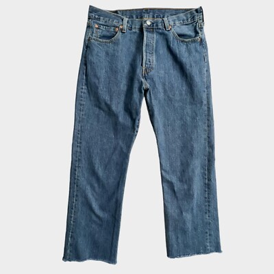 Levis 501 Jeans Button Fly Womens 35X28 Custom Crop Raw Hem Upcycled Blue  Denim