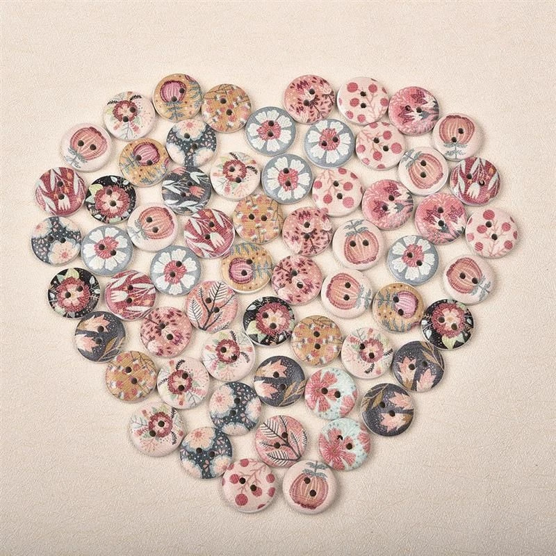 50pcs Round Flower Printed Buttons 2 Holes 15mm Wooden Button Sewing Crafts Acce - Image 2 of 4