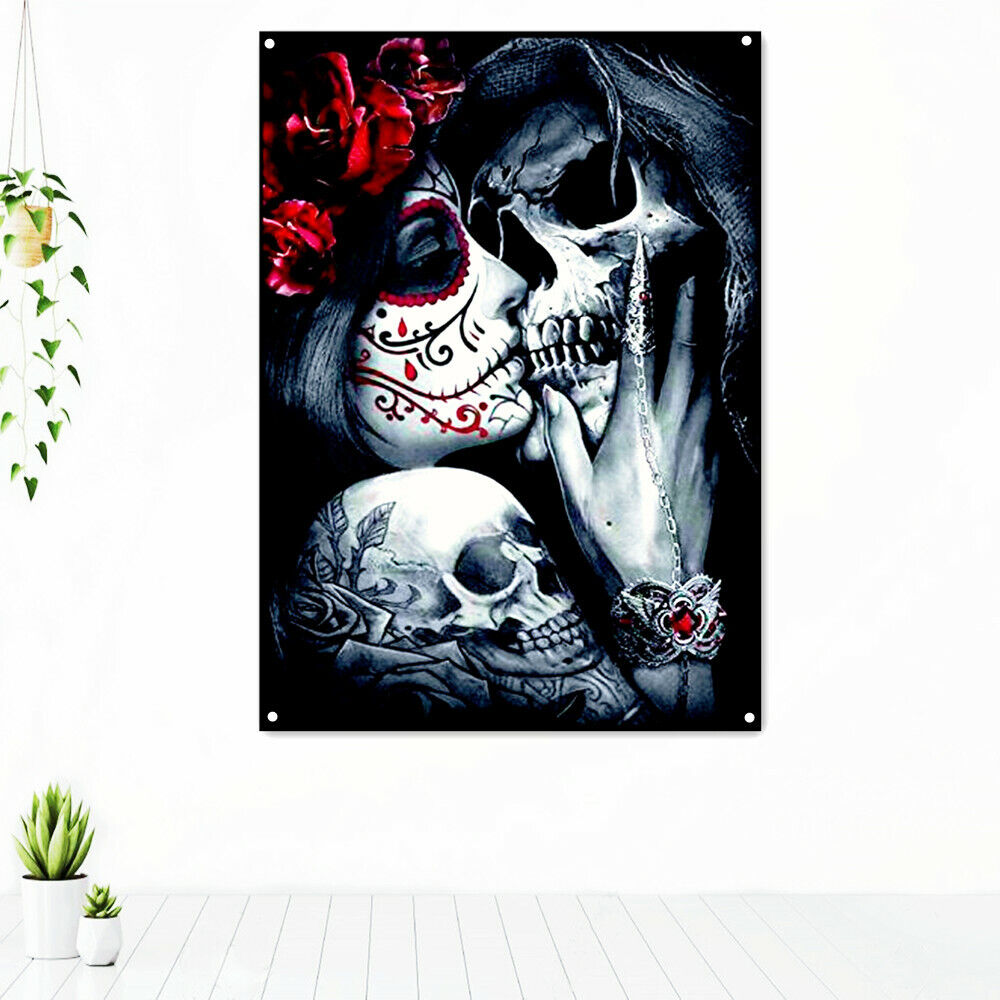 Sans Titre/ラヴァーター/ポスター Skull Couple TATTOO Art Poster Wall Decor Painting Flag