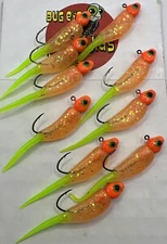 10 Pack 1/16 Oz  Orange And Green Chartreuse Crappie Jigs ( Carrot Top)