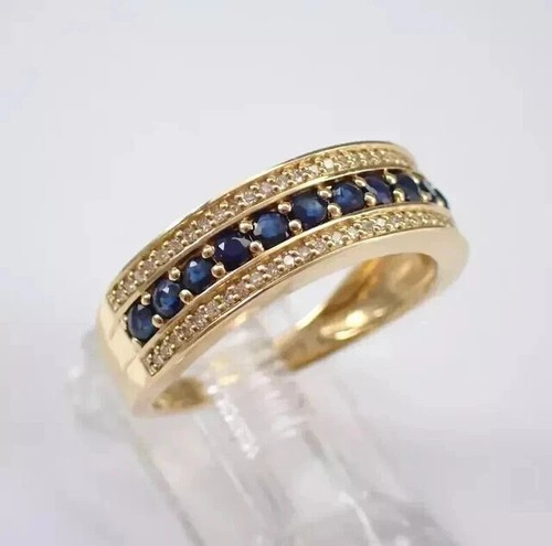 2CT Round Lab-Created Blue Sapphire Half Eternity Band 14K Yellow Gold Plated - Picture 2 of 5