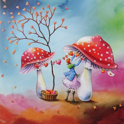 Nina Chen*Postkarte 14x14''Frau mit Fliegenpilz*Grußkarte Herbst Herz(en) Brief