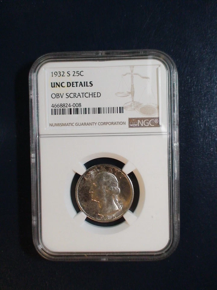 Moneda de 25C de plata fecha semi clave 1932 S Washington Quarter NGC UNC ¡PRECIO DE VENTA!