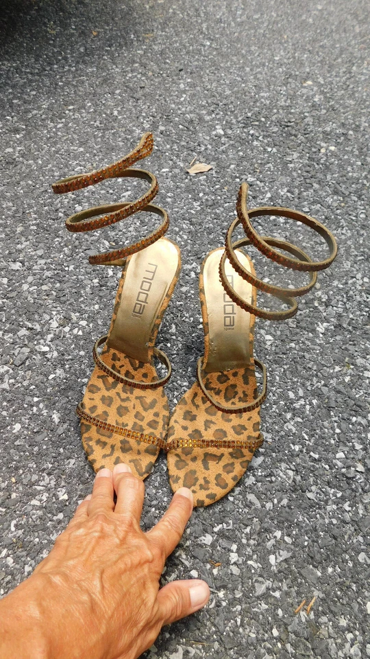 Sexy Sandalias Moda Spana con Tiras al Tobillo Tacones de 3" Leopardo Estrás talla 7.5 Foto 3 de 4