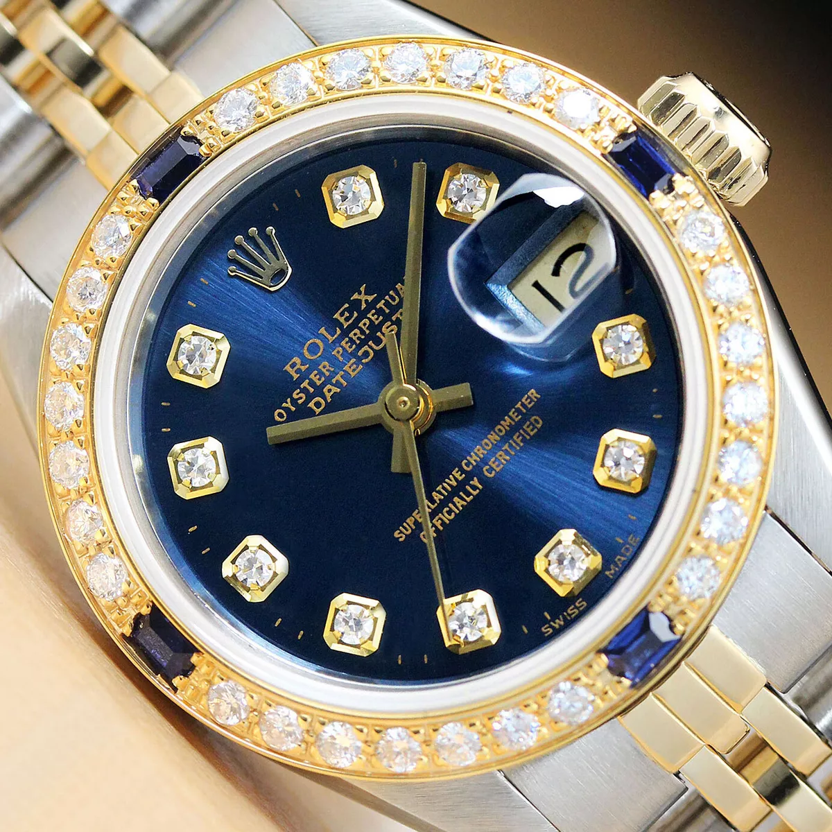 ROLEX LADIES DATEJUST 18K YELLOW GOLD DIAMOND SAPPHIRE STEEL BLUE DIAL WATCH