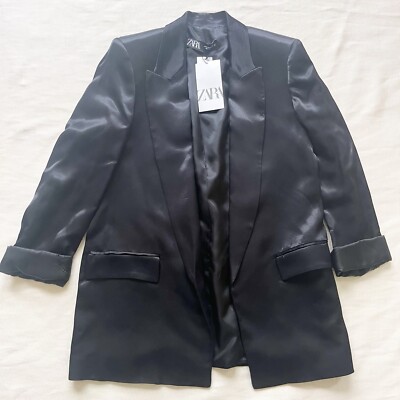 Zara Womens Blazer Jacket Black Longsleeve Glossy Casual Dressy