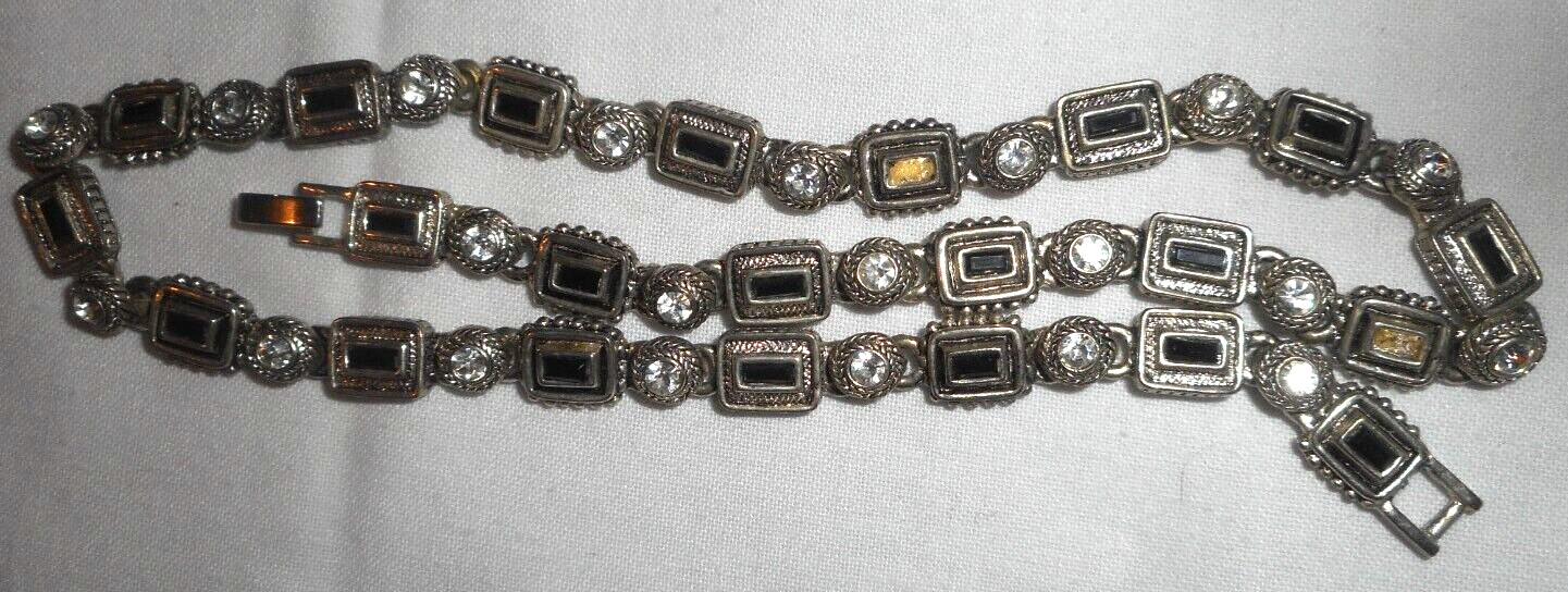 Silver-Tone Black Enamel Rectangle Shape Round Rh… - image 2