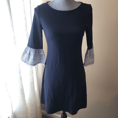 Eliza J Fit and Flare Navy Midi Dress with Embroidered Bell Sleeves Sz 0 |  eBay