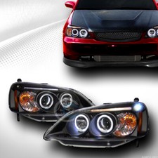 Fits 01-03 Honda Civic Black Led Halo Projector Head Lights Lamps Parking Amber
