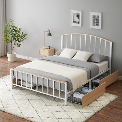 Full Size Bed Frame Platform Headboard with Storage Drawers ,Metal Slats Support