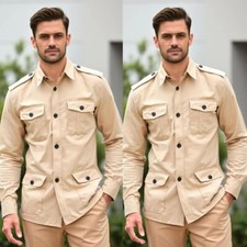 Vintage Beige Men's Safari Jacket Multi Pocket Outdoor Casual Hunting Coat Pant