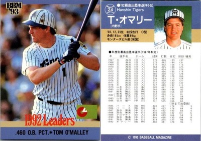 1993 BBM Leaders Tom O'malley OBP Hanshin Tigers Card #24