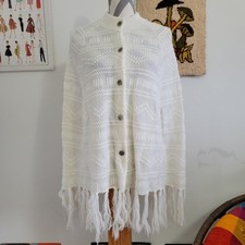 Vintage White Mixed Knit Button-Up Fringe Poncho