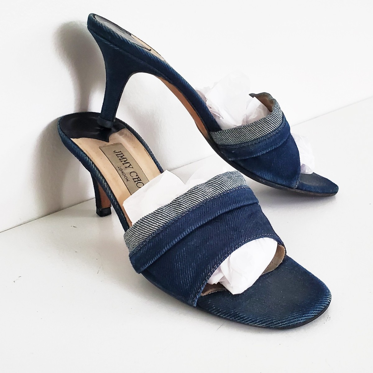 Jimmy Choo Vintage Denim Foldover Kitten Heel Mules Size 38.5 | eBay