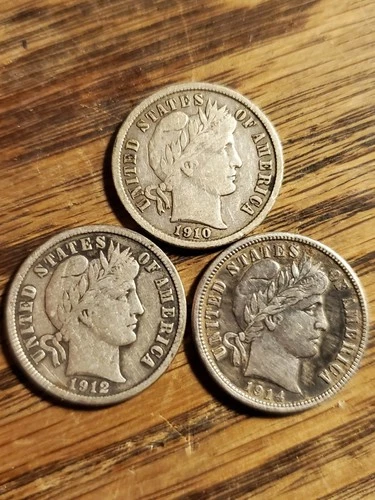 Lot of 3 Barber Dimes "VF-XF" Condition 90% Silver !