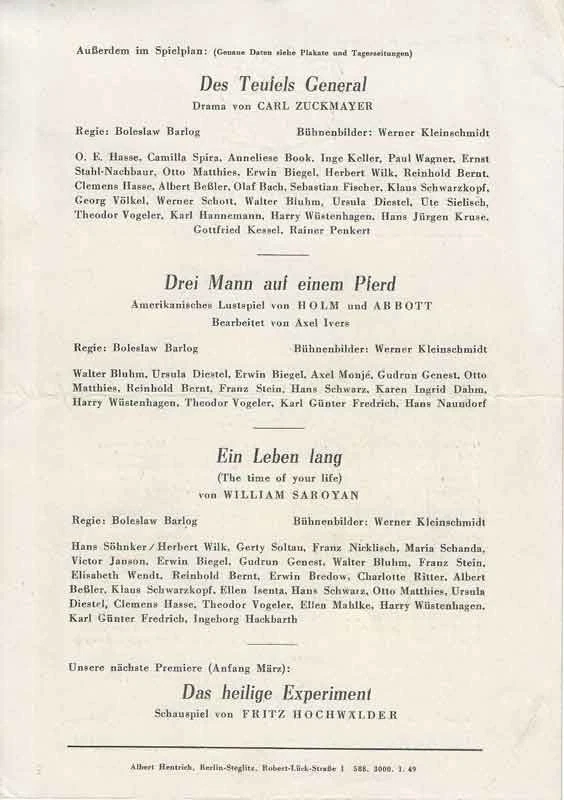 Berlin Jan 1949 Programm Schlosspark-Theater „Was ihr wollt“ Shakespeare - Bild 2 von 2