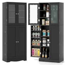 63.5" Tall Kitchen Pantry Storage Cabinet w/ Glass Door Storage Shelves Black