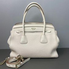 Prada Top Handle Tote Bag White Grain Leather Gold Hardware Strap Auth