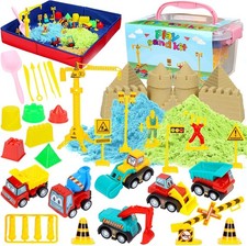 43PCS Construction Sand Toy Set w/ 3lbs Play Sand, 6 Trucks, Molds Sandbox