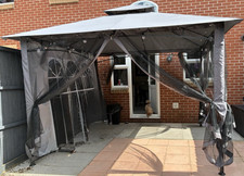 Grey Square Metal Gazebo with Mosquito Netting, Freestanding Polyester Roof