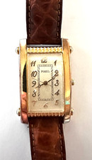 VINTAGE FOSSIL TM-7221 GOLD TONE, ANALOG, QUARTZ, LEATHER CURVED TANK WATCH