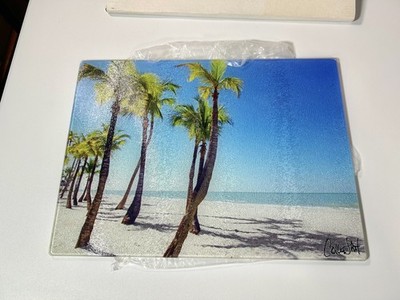 Textured Glass Cutting Board, Ocean Beach Palm Trees 11.25''x15.25''