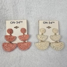ON 34th Set Of Pink And White Woven Statement Earrings Boho Raffia Beaded
