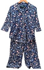 Lauren Ralph Lauren 2 Piece Pajama Set 3/4 Sleeve Capri Blue Floral Size S