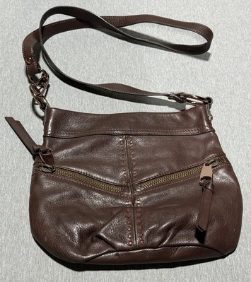 B. Makowsky Brown Pebbled Leather Crossbody Bag Purse Leopard Lining Multi Zip
