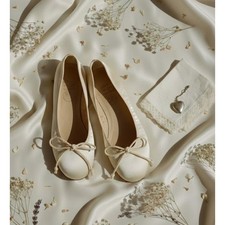 Vtg 1950s Blocks Ivory Silk Satin Bridal Ballerina Flats Wooden Sole Box 6.5M
