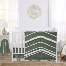 4-Piece Baby Crib Bedding Set Green Boho Linen for Boys or Girls