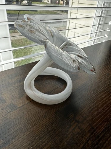 Murano Style Art Glass Trumpet Flower Vase White and Rose Ribbed Im