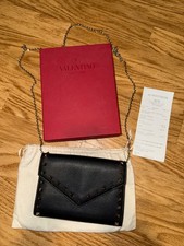 Valentino Rockstud Grained Black Leather WOC Handbag Crossbody Bag Women's