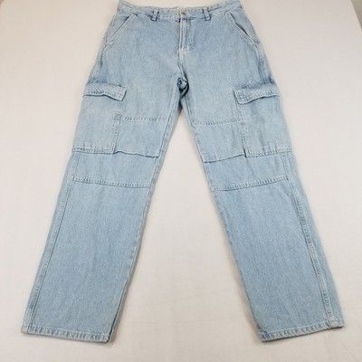Y2K Style Pull & Bear Cargo Multi pockets Jeans Mens 32 Blue Baggy Fit Denim