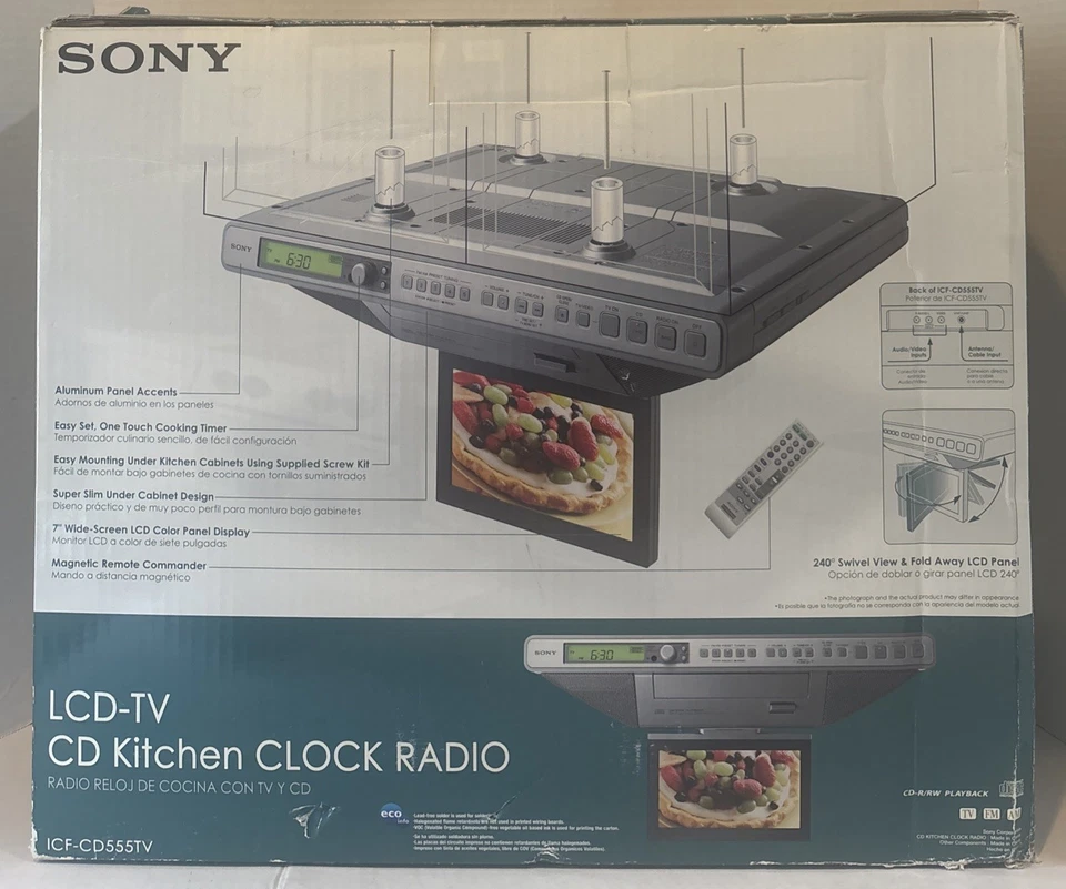 NEW Sony ICF-CD555TV Under Cabinet LCD TV CD Player Kitchen Clock Weather Radio - Image 2 of 4