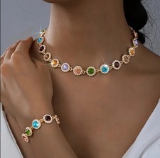 Sparkling Rhinestones Necklace Bracelet Set for Women Elegant Jewellery
