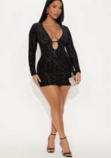 Fashion Nova Kyleigh Flocked Mesh Mini Dress Long Sleeve New With Tags Size L