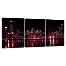 3 Panels Chicago Skyline Wall Art Chicago City Night View Picture Canvas Prin...