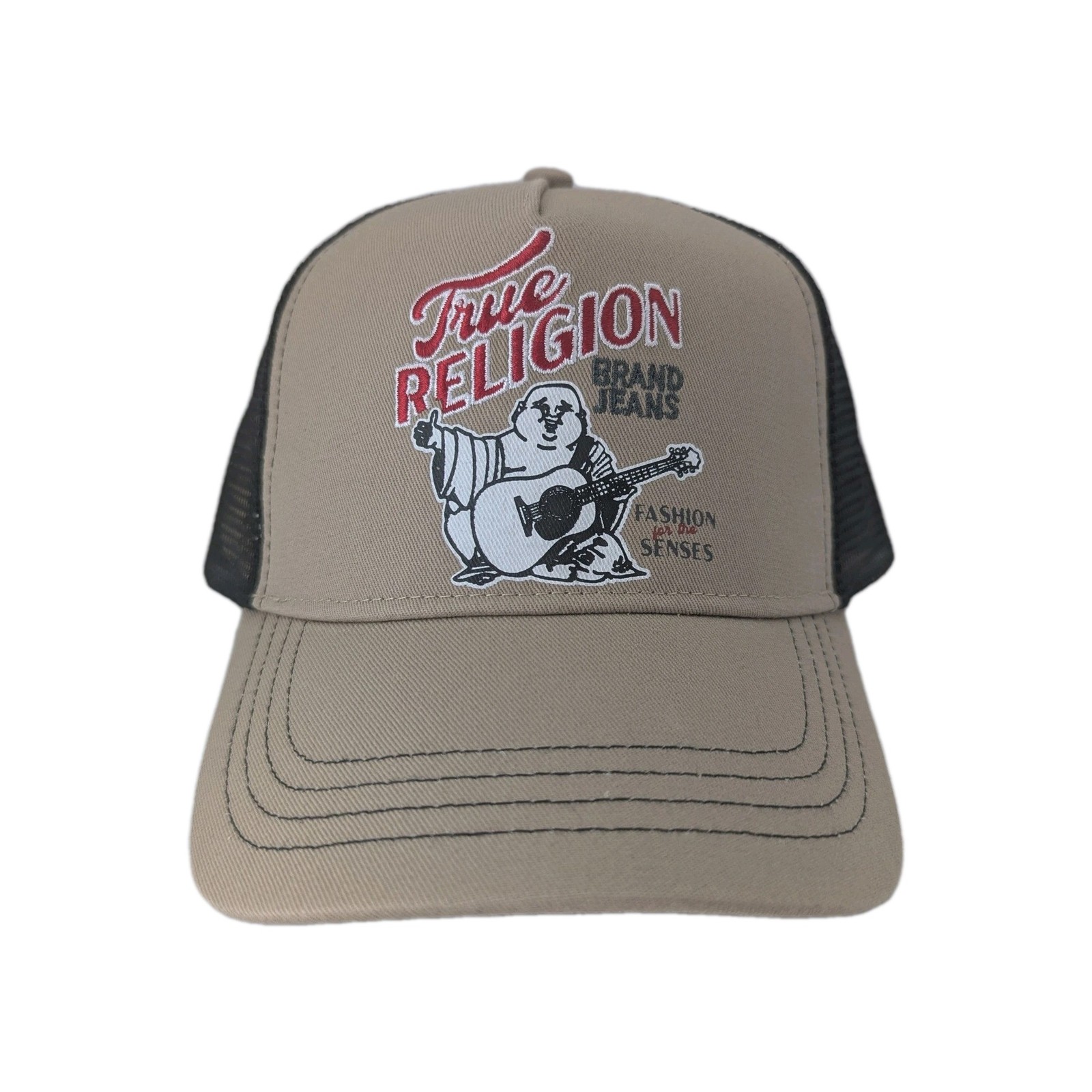 True Religion Buddha Embroidered Trucker Hat Travertine Tan Black TR4241 NWT