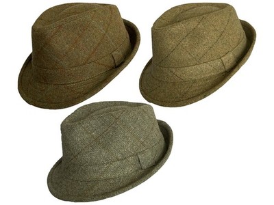 PJ Powell grün Tweed Trilby Wollmischung Satin gefüttert Country Outdoor Hut