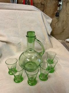 vintage decanter and six glasses