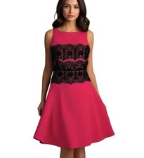 Loft Pink Fuschia Black Lace Overlay Fit & Flare Sleeveless Dress Size 4