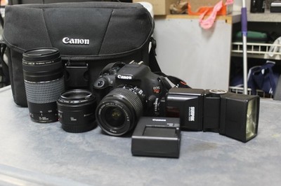 Canon Camera EOS Rebel T5- 3 lenses, Flash. Bag, Battery & Charger FREE SHIPPING
