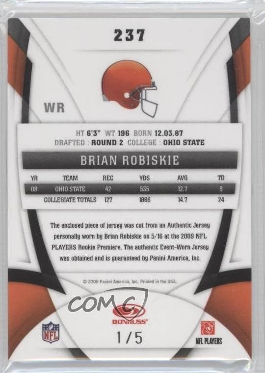 2009 Certified Mirror Emerald Materials Prime 1/5 Brian Robiskie #237 Rookie RC - Image 2 of 3