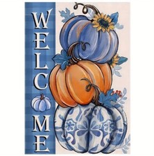 Fall Theme Welcome Blue Orange Pumpkin Sunflower Burlap Garden Flag 12"x18"