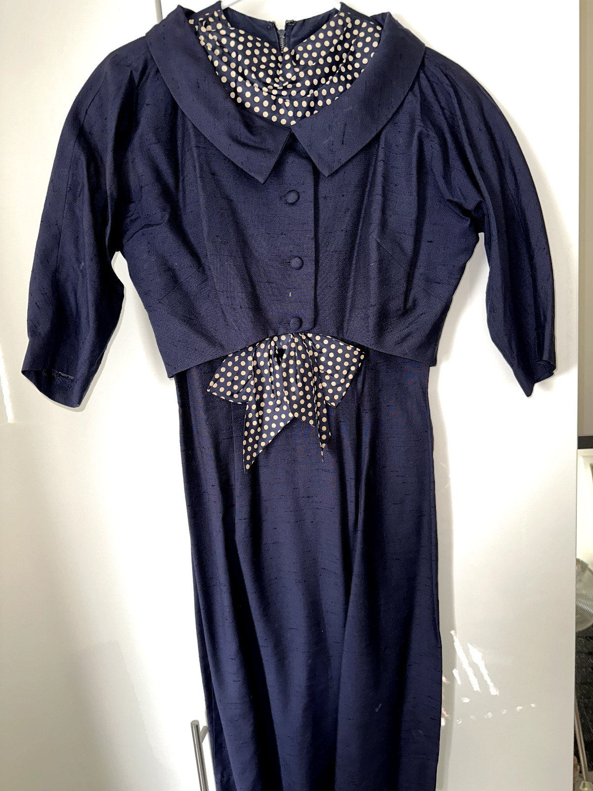 1960s Vintage Navy Blue and Polka Dot Day Dress with … - Gem