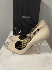 AUTHENTIC Roberto Cavalli Beige Suede Jewel 4.5  Heels Pumps Worn Once Sz 8 US