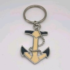 Nautical Anchor Keychain Silver Tone Rope Cream Navy Blue Enamel Beach Sailor
