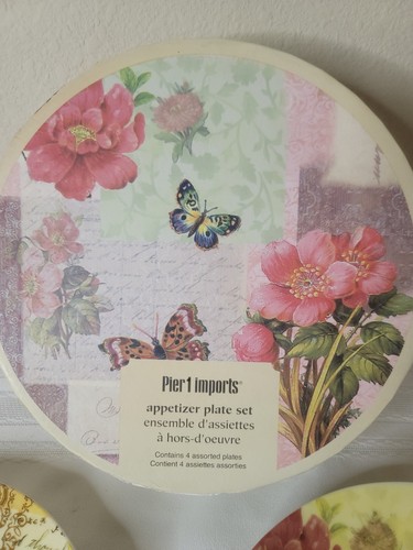 Set of 4 Pier 1 Imports Appetizer Plates 8" Butterflies & Flowers New Open Box - Picture 6 of 9